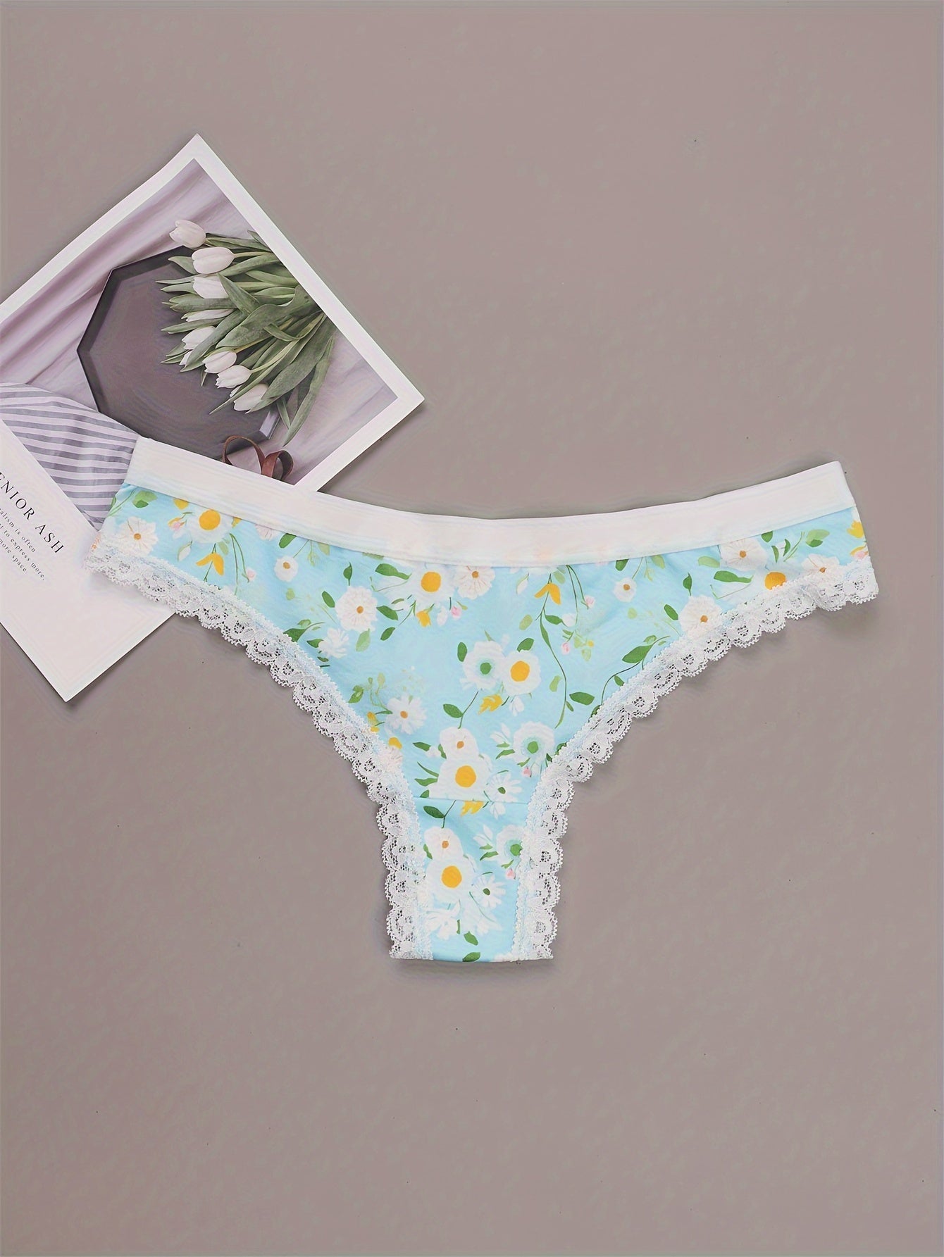 5 Pack Plus Size Panties Set Women's Plus Cat & Heart & Daisy Print