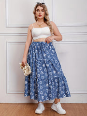  Heart & Denim Print Drawstring Maxi Skirt
