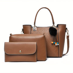 3pcs Tote Bag Inner Bag Clutch Purse Set PU Leather Textured Satchel Bag
