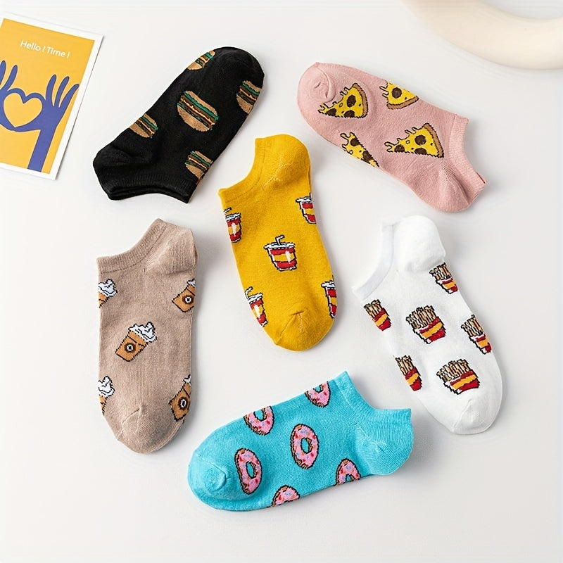 6 Pairs Cartoon Food Print Socks & Funny Low Cut Ankle Socks Women's Stockings