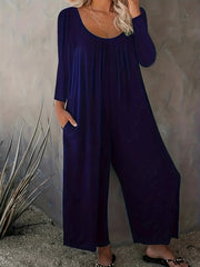  Solid Long Sleeve Round Neck Wide Leg Jumpsuit
