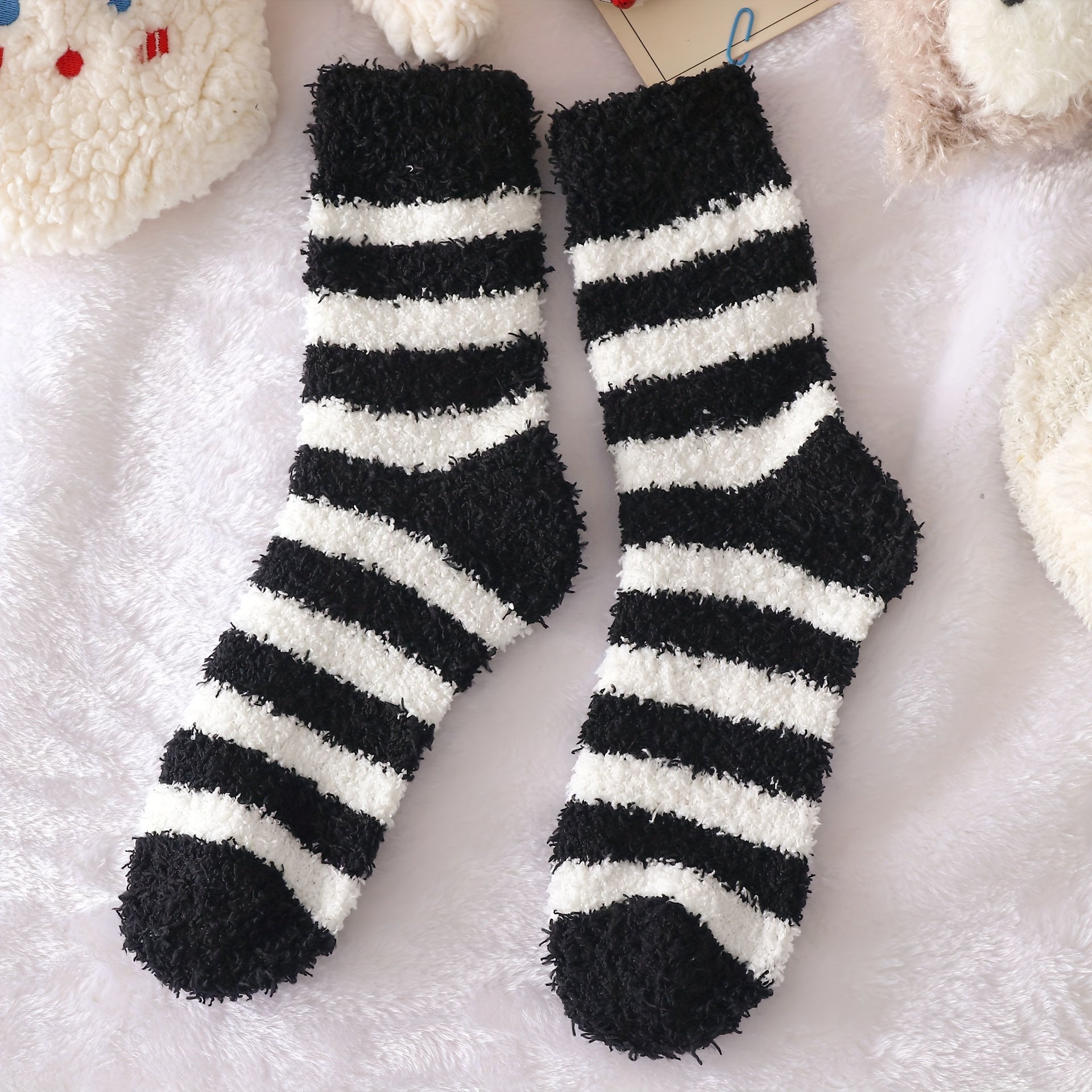 5 Pairs Striped Fuzzy Socks Comfy & Warm Mid Tube Stockings