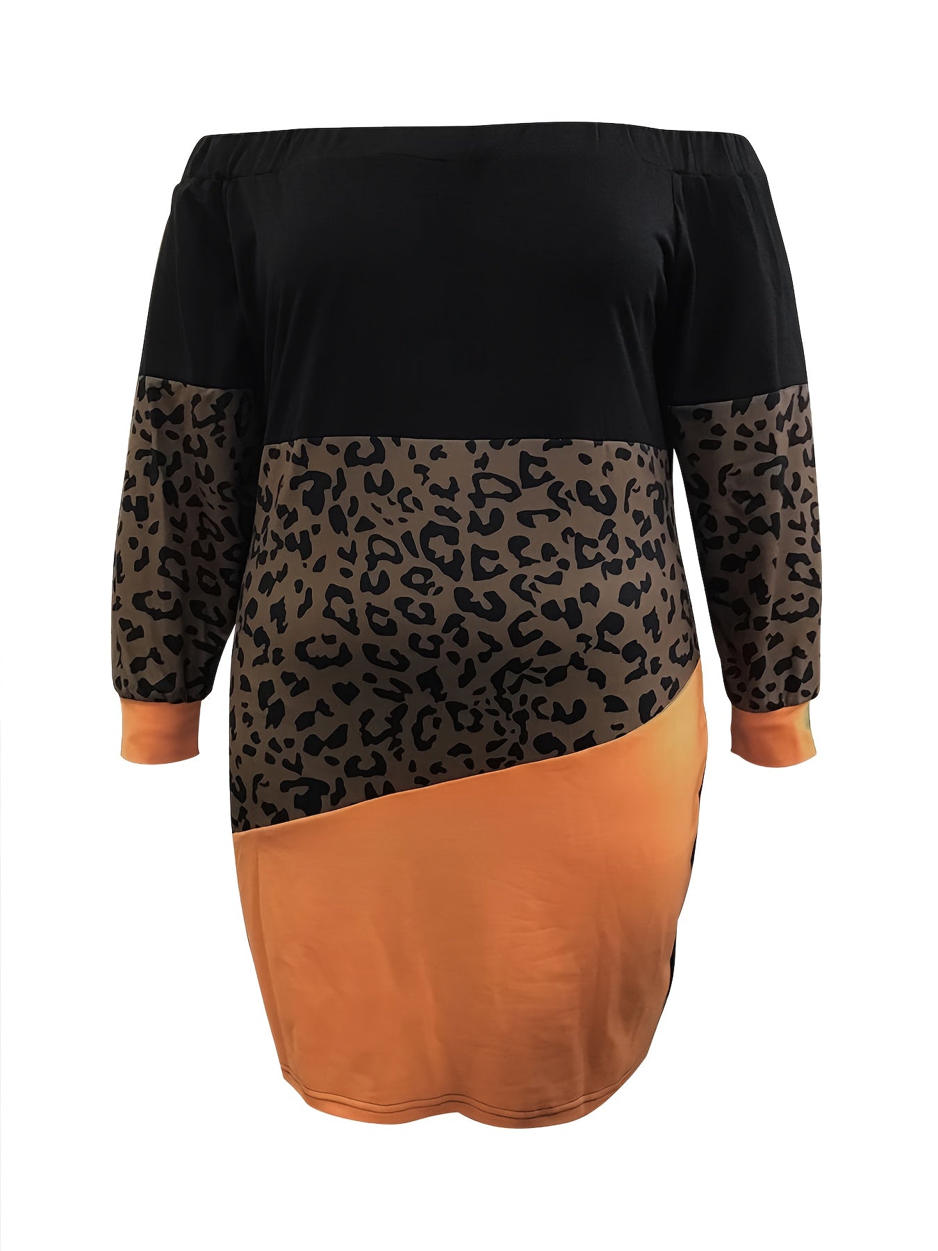  Colorblock Leopard Print Off Shoulder Tee Dress