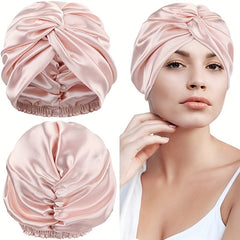 Satin Ruched Bonnet Double Layer Knotted Elastic Turban Soft Shower Cap