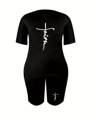  Two Piece Set Women's Plus Tee & Shorts Set