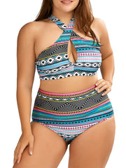  Ethnic Print Halter Neck High Waist Bikini Set