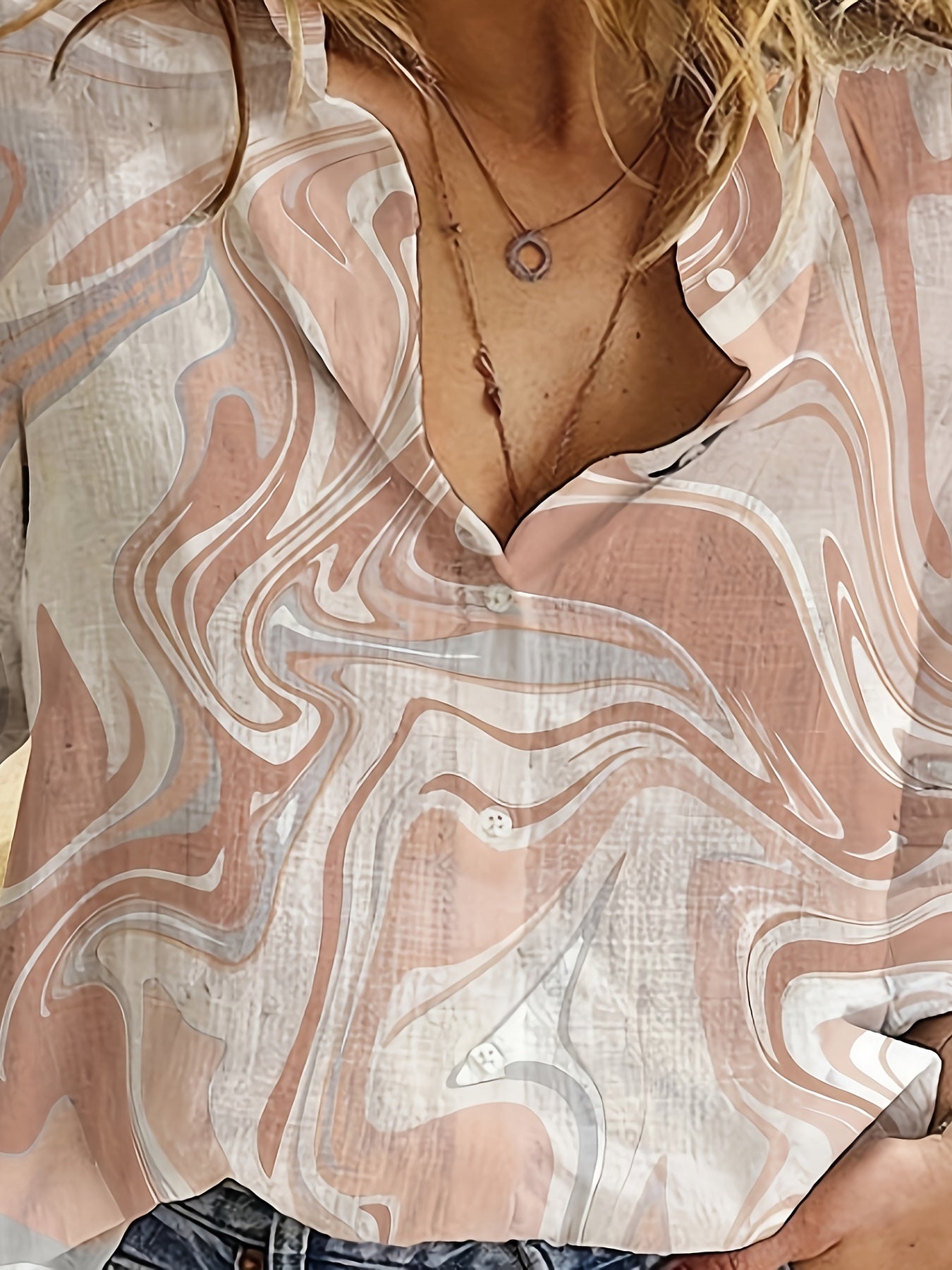  Marble Print Long Sleeve Button Up Shirt