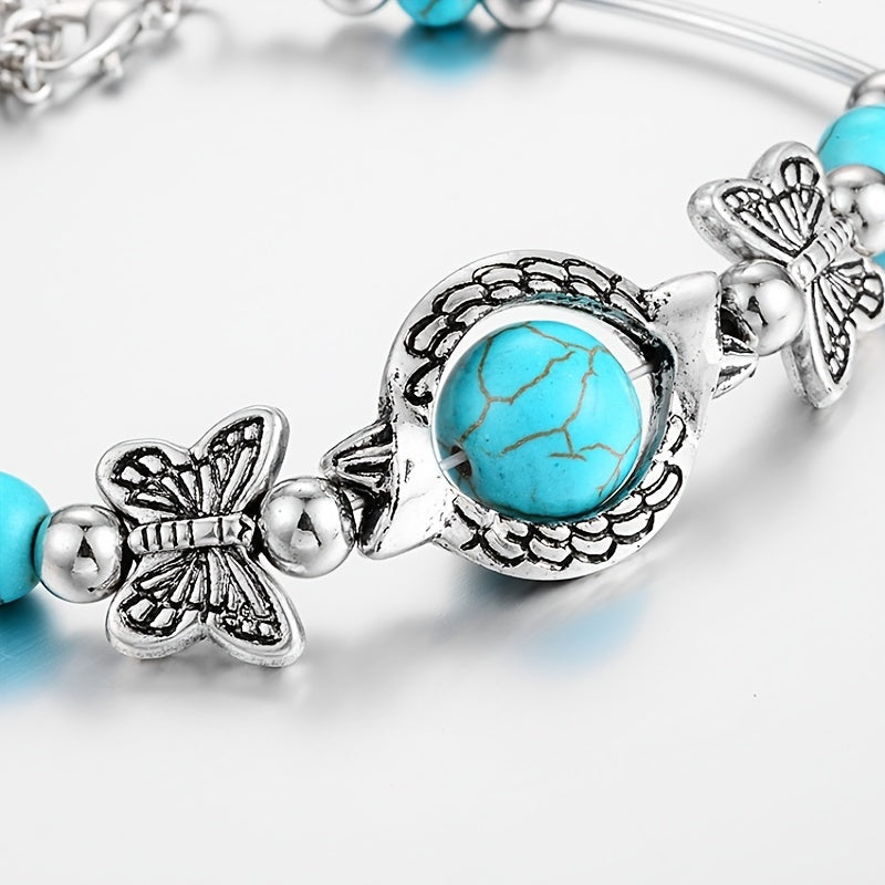 Vintage Silver Turquoise Butterfly Bracelet Chain Beads Bangle Wedding Gift