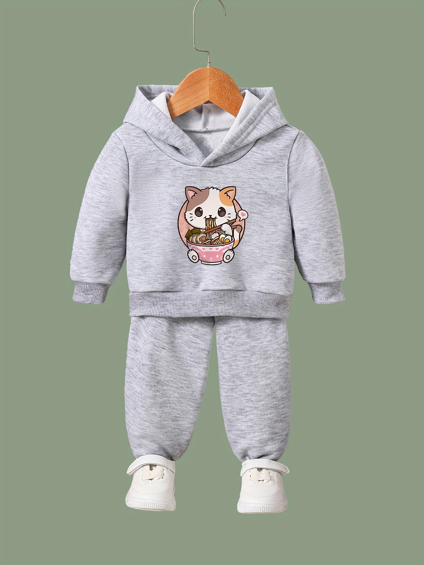 Cartoon Cat & Ramen Print Hoodie & Pants Set - Girl's Sporty Clothes