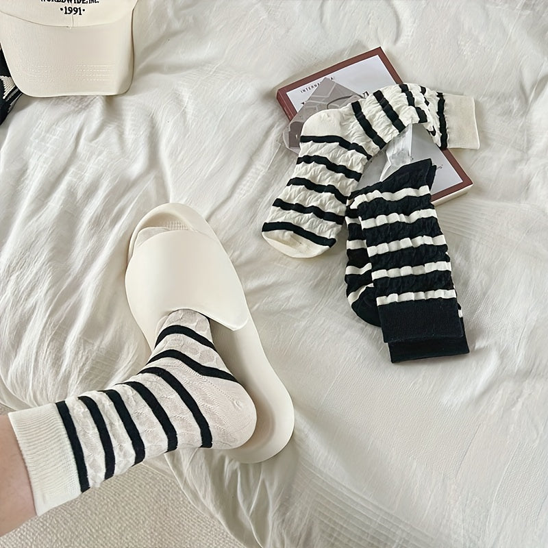 2 Pairs Striped Crew Socks Casual Comfy Mid Tube Women's Stockings