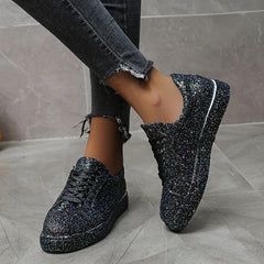 Women's Glitter Skateboard Sneakers Lace Up Comfort Non-slip Sneakers