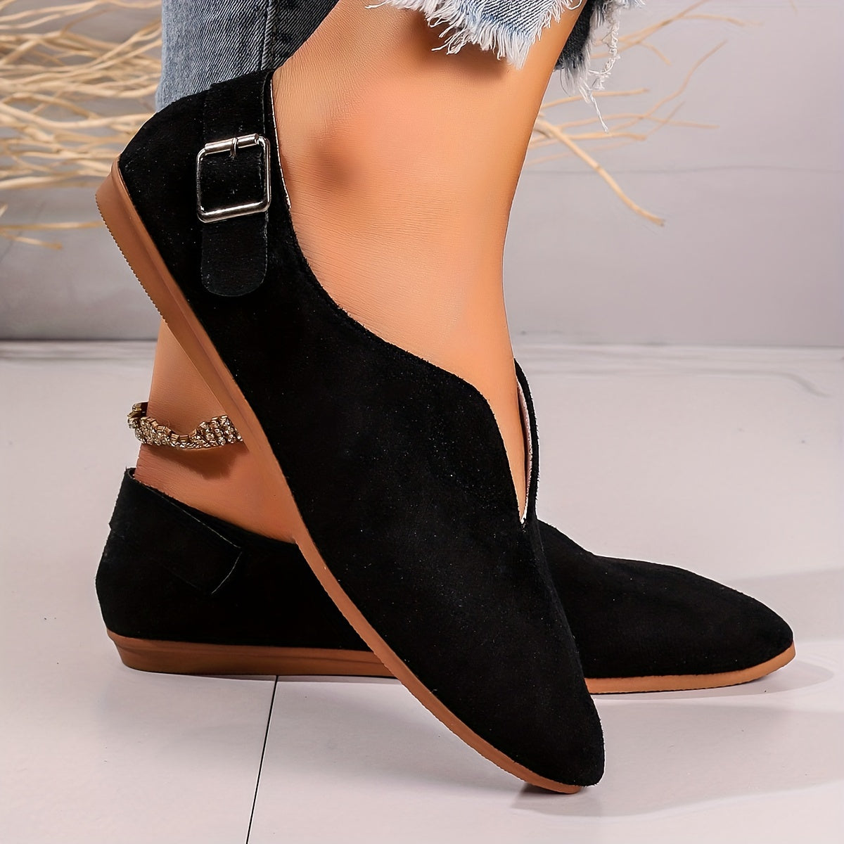 Solid V Cut Loafers Minimalist Buckle Slip On Flat Shoes