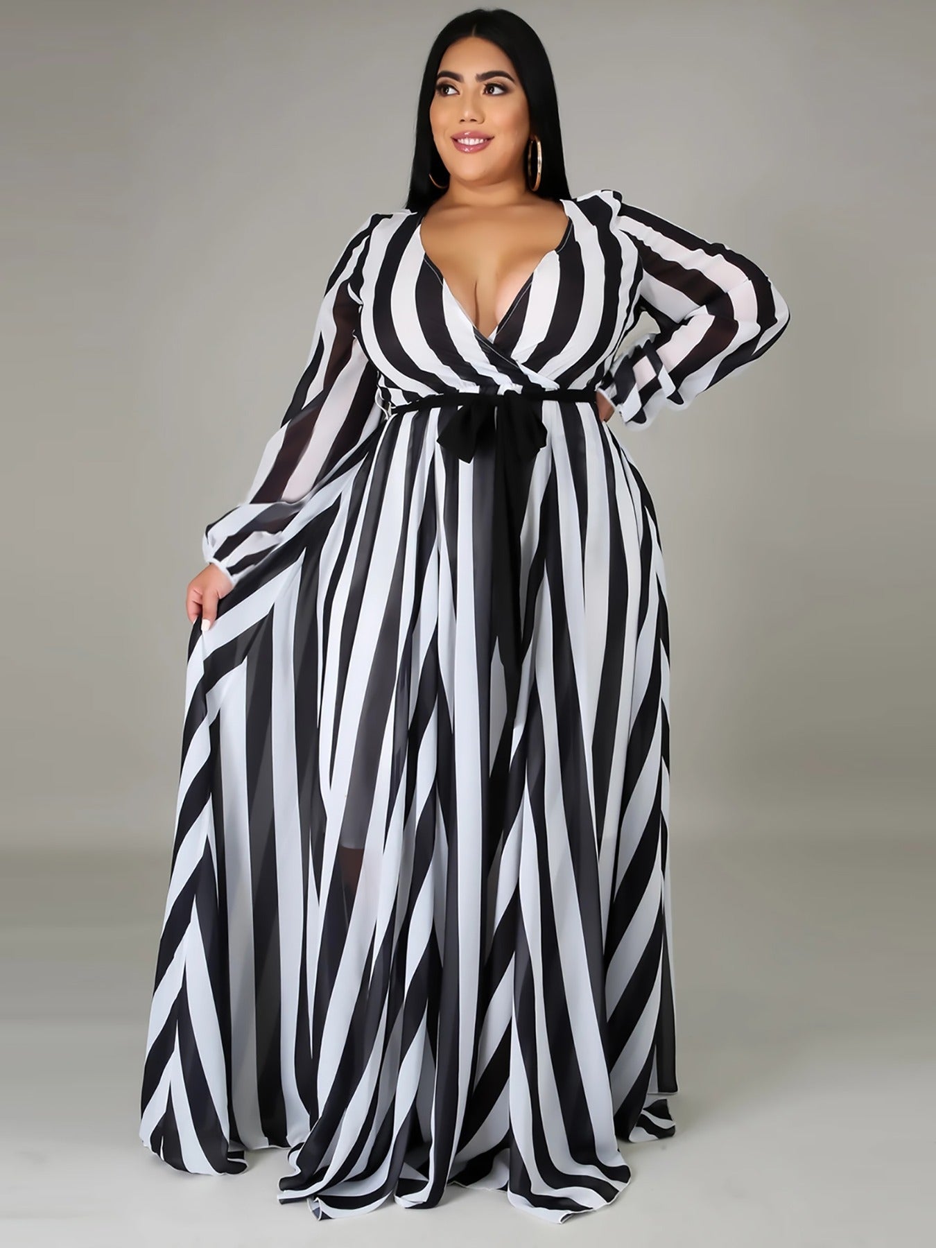  Strip Print V Neck Long Sleeve Wrap Maxi Dress