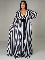  Strip Print V Neck Long Sleeve Wrap Maxi Dress