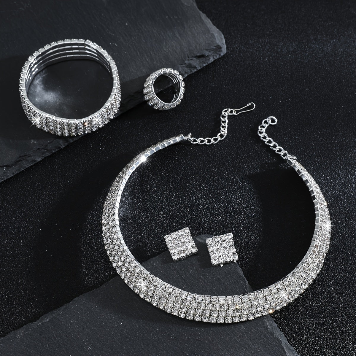 Rhinestone Crystal Jewelry Set: Choker Necklace, Earrings, Bracelet & Ring