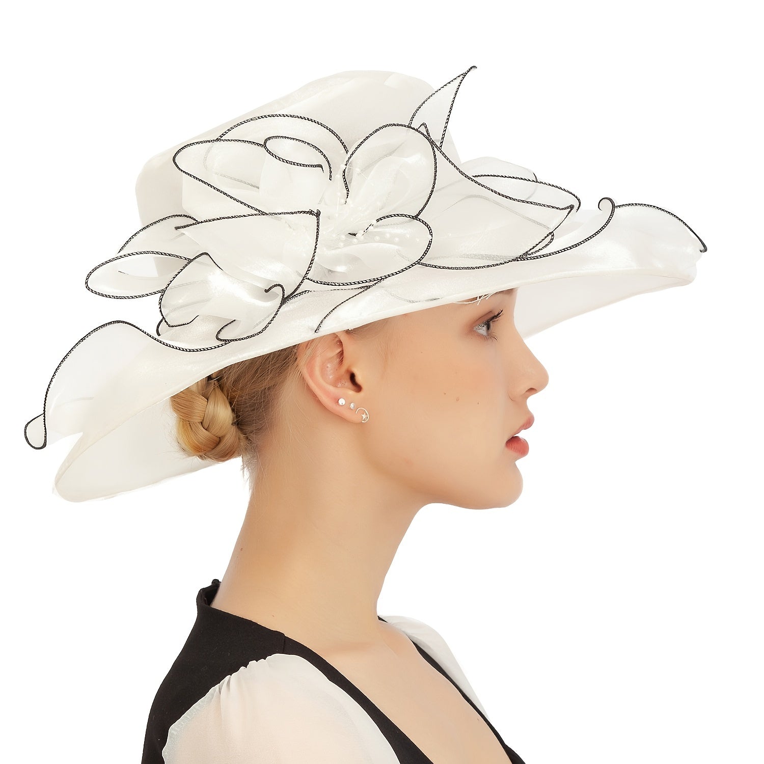 Women's Wide Brim Fedora Cap Mesh Sun Hat Leaf Flower Bridal Wedding Hat