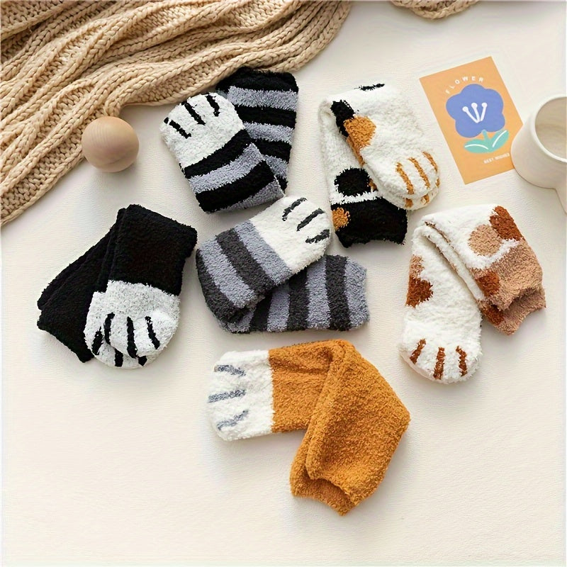 6 Pairs Cat Claw Print Socks Comfy & Fuzzy Warm Hosiery