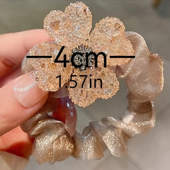 Rhinestone Flower Decor Hair Tie Organza Hair Rope Glitter Ponytail Holder