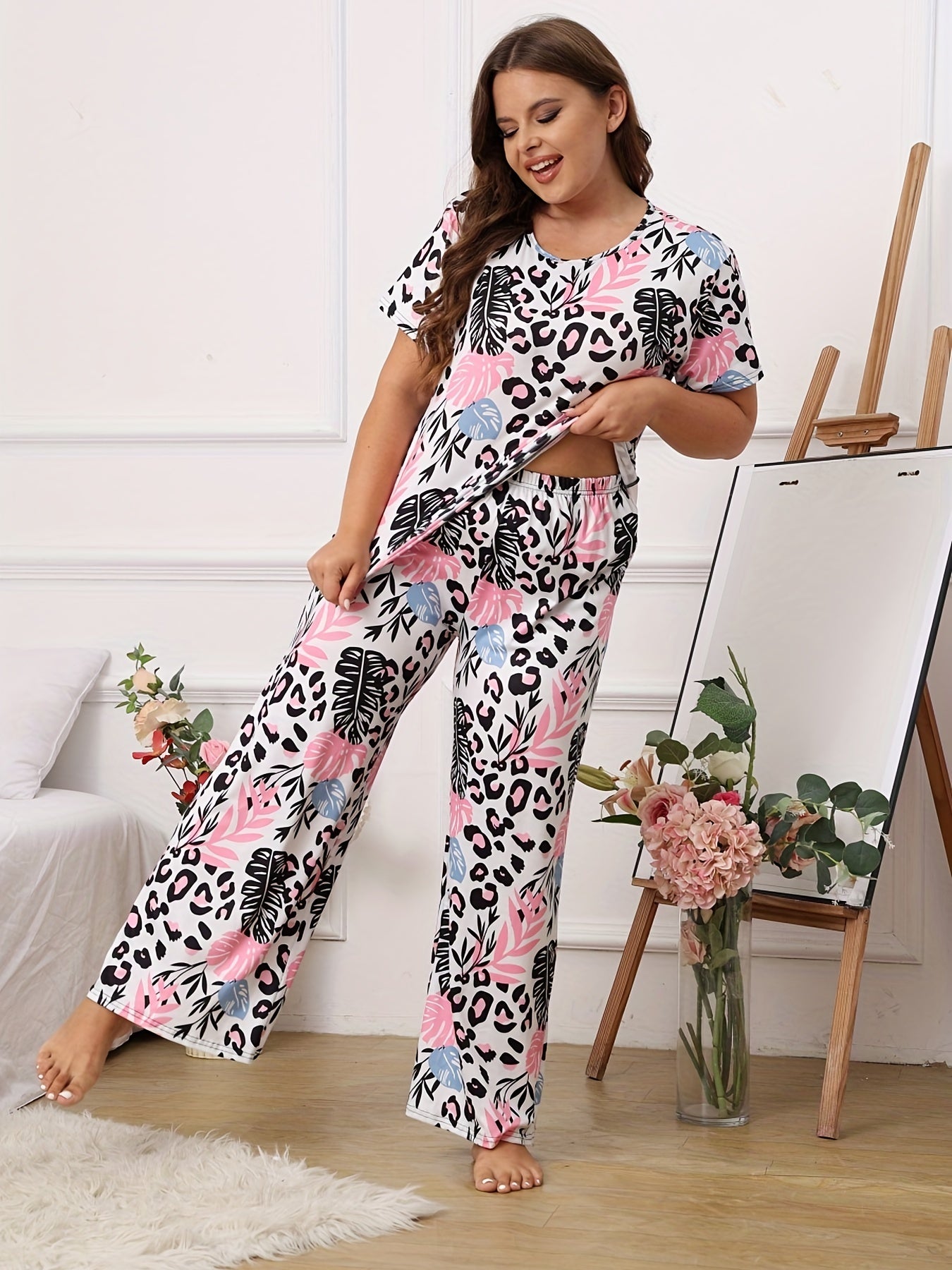  Boho Pajama Set Women's Plus Leopard & Tropical Print Tee & Pants