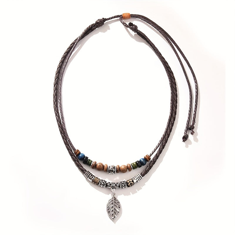Women's PU Leaf Wooden Bead Necklace Party Jewelry Gift