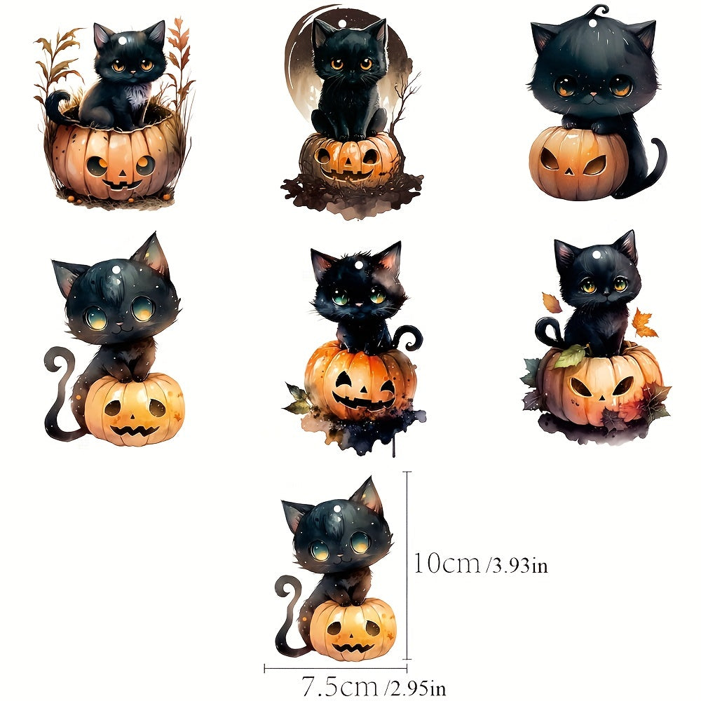 6pcs Halloween Cats Pumpkin Tree Ornaments Cardboard Hanging Cats Ornaments
