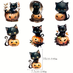 6pcs Halloween Cats Pumpkin Tree Ornaments Cardboard Hanging Cats Ornaments