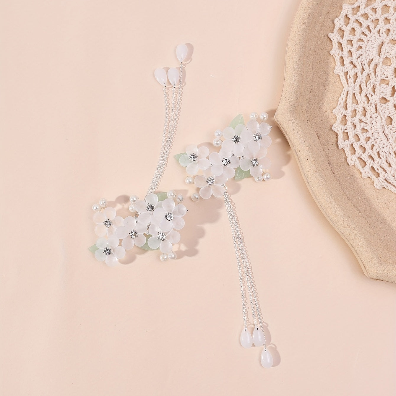Crystal Flower Hair Clip Chain Tassel Rhinestone Faux Pearl Hair Clip