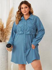  Solid Contrast Lace Long Sleeve Shirt Dress
