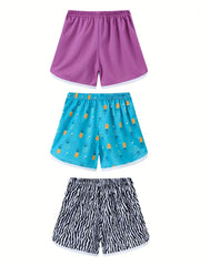 3pcs Girls Cat Floral Print Casual Quick Drying Shorts