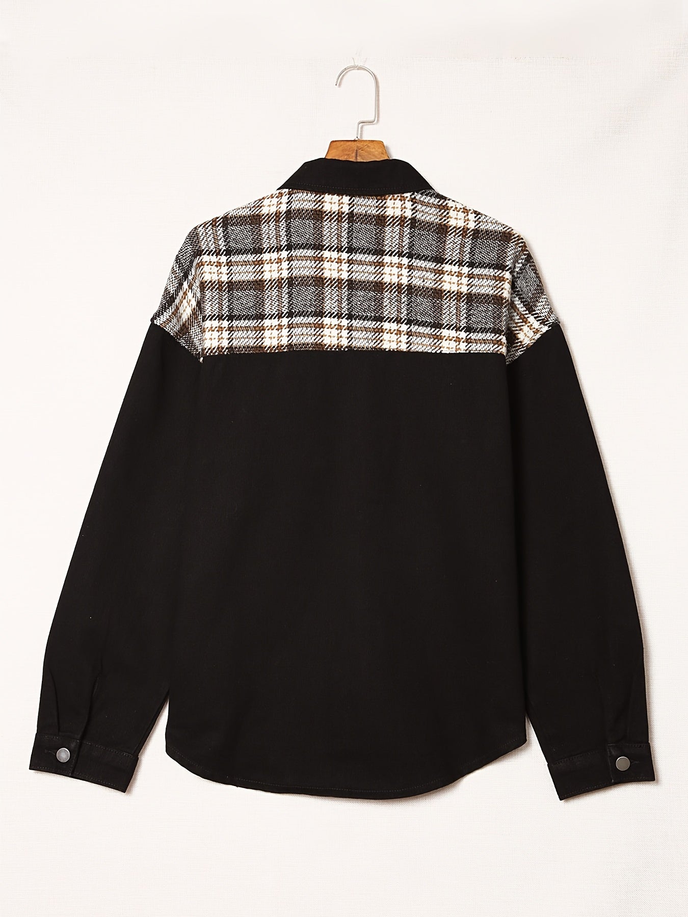 Patched Plaid Denim Jacket with Flap Pockets