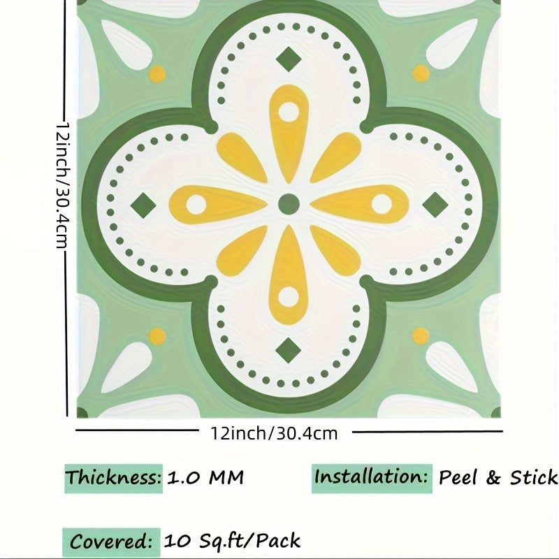 Green Flower Peel and Stick Floor Tile - Set of 15