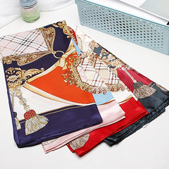 Navy Silk Square Scarf Plaid Large Shawl Women Headwrap Hair Accessories