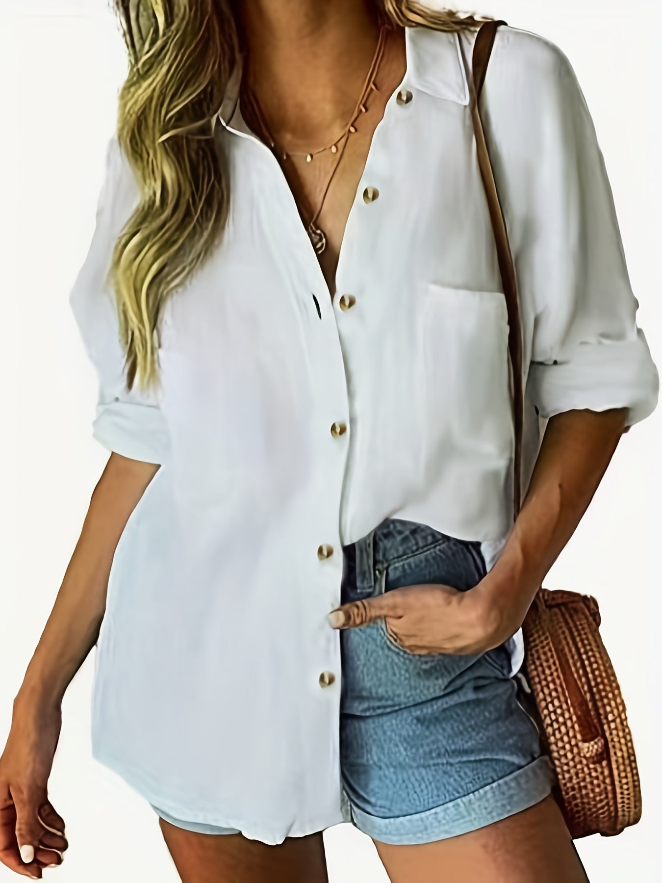  Solid Button Up Long Sleeve Blouse