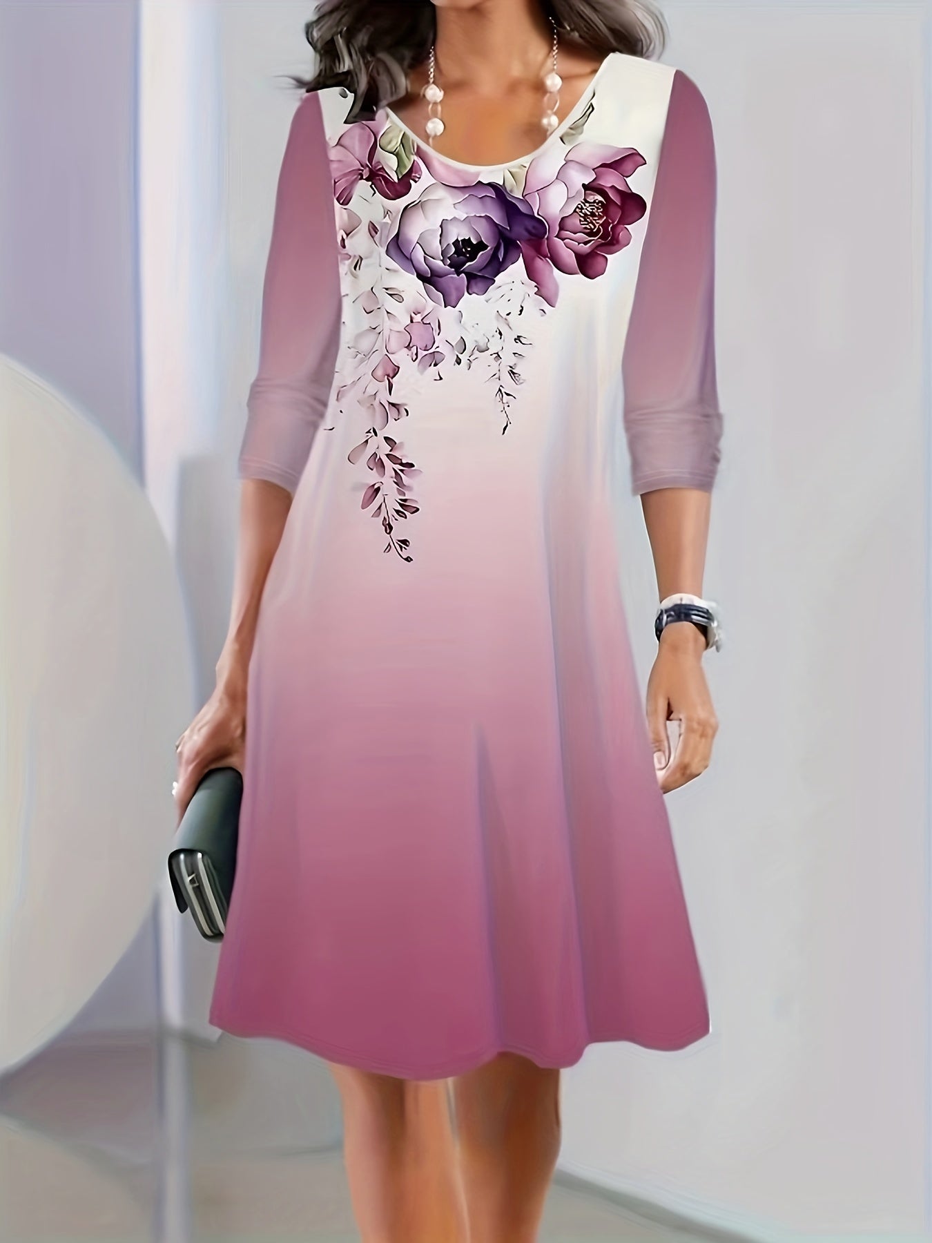  Ombre Long Sleeve Round Neck Midi Dress