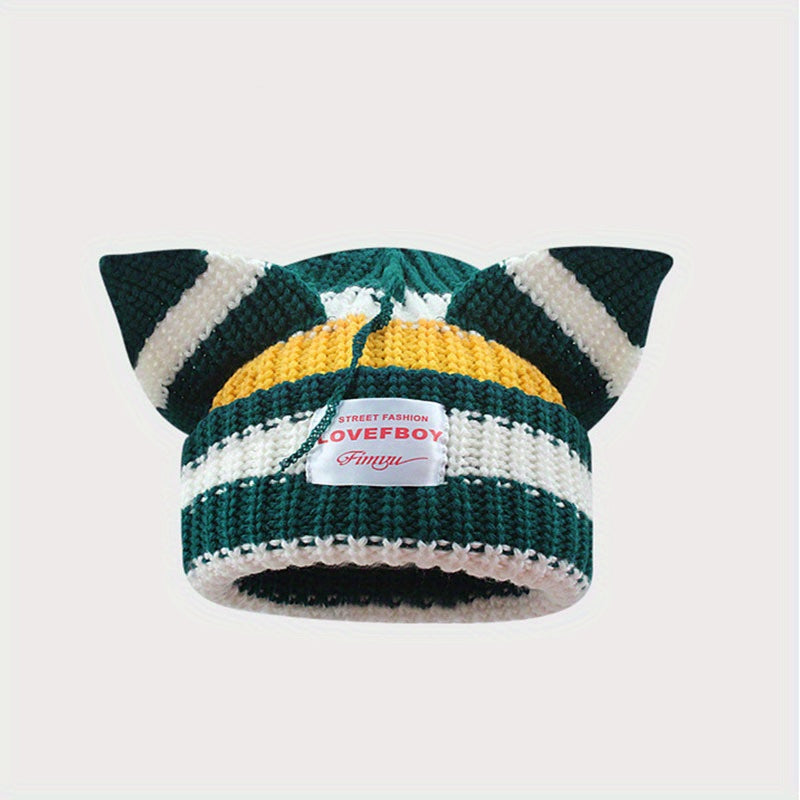 Y2K Block Knitted Beanie Pig Ears Warm Skull Cap Unisex Hip Hop