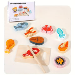 Wooden Play Kitchen Pretend Food Fruit Seafood Cutting Board Toy