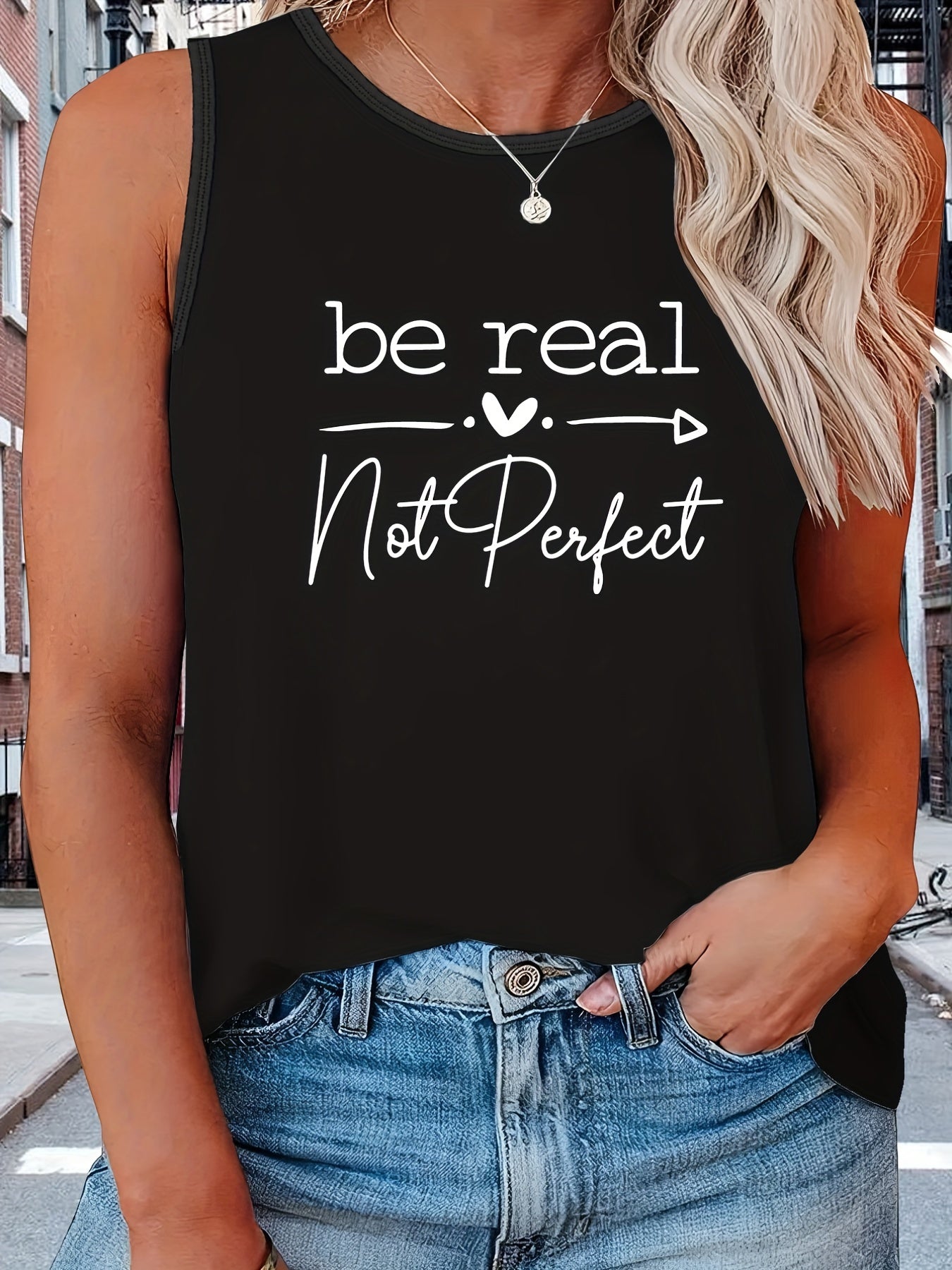 Women's Plus Size Casual Tank Top with Slogan & Heart Print