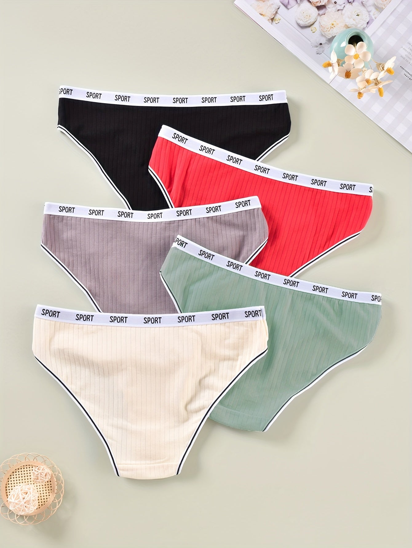 5 Pack Plus Size Sports Panties Set Women's Plus Ribbed Knit Contrast Letter Tap