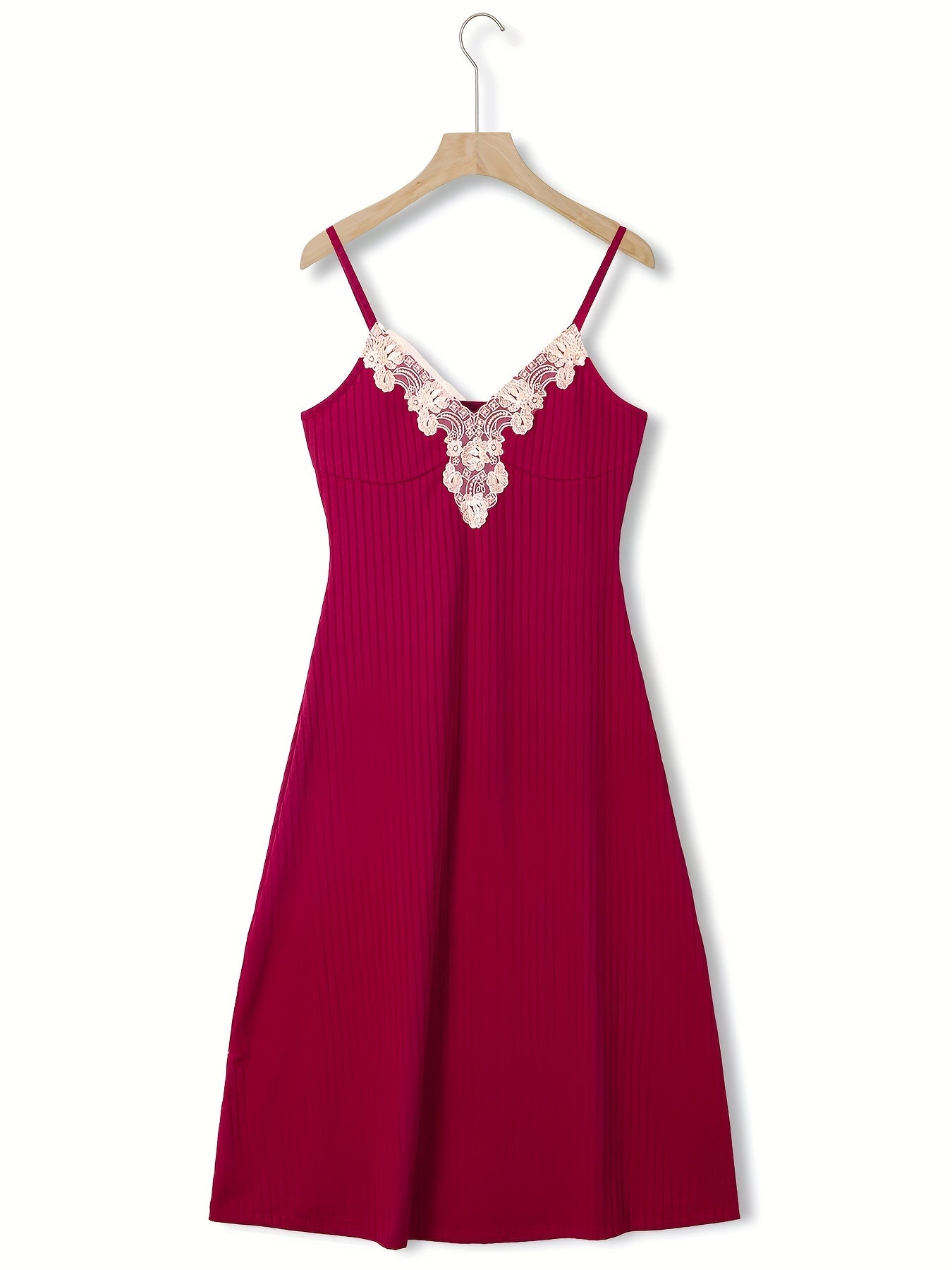 Lace Slip Lounge Dress V Neck Ribbed Home Dress Women's Loungewear