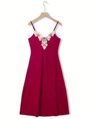 Lace Slip Lounge Dress V Neck Ribbed Home Dress Women's Loungewear