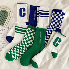 4 Pairs Letter Print Striped Socks Women's Mid Tube Stockings