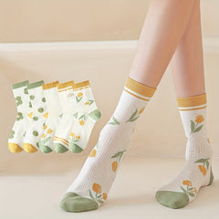 5 Pairs Floral Print Socks Women's Stockings & Hosiery