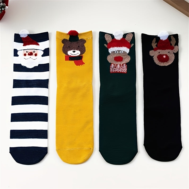 4 Pairs Christmas Print Socks Women's Stockings Comfy & Mid Tube Hosiery