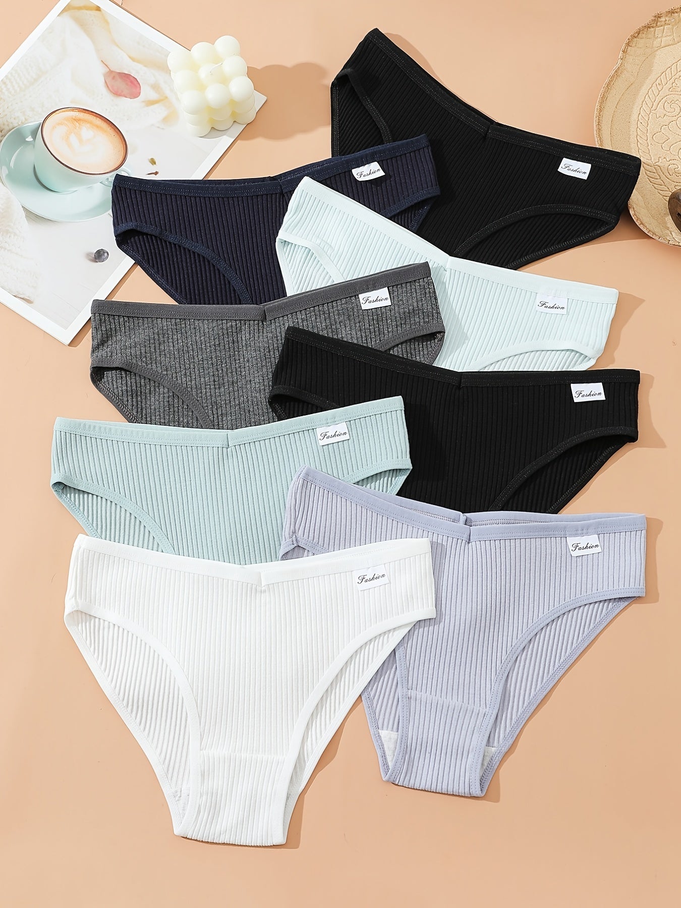 8pcs Seamless Ribbed Bikini Comfy Low Waist Panties Women Lingerie
