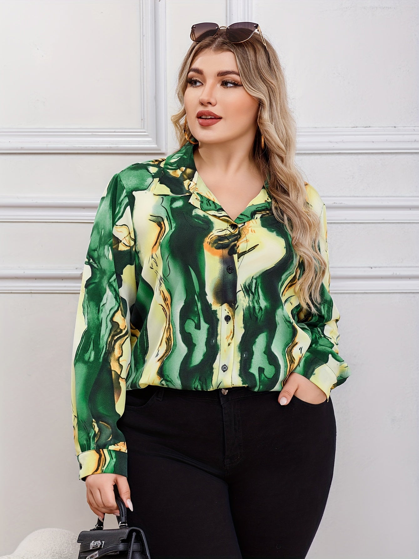 Women's Plus Marble Print Button Up Shirt Top