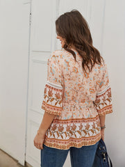  Boho Blouse Women's Floral Print V Neck Peplum Top