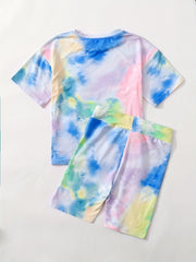 Girls' Tie Dye Short Sleeve T Shirt & Biker Shorts Set Sports Casual Yoga