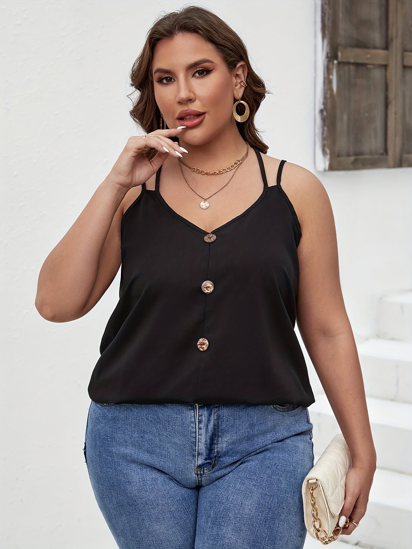 Halter Neck Cami Top Solid Button Decor