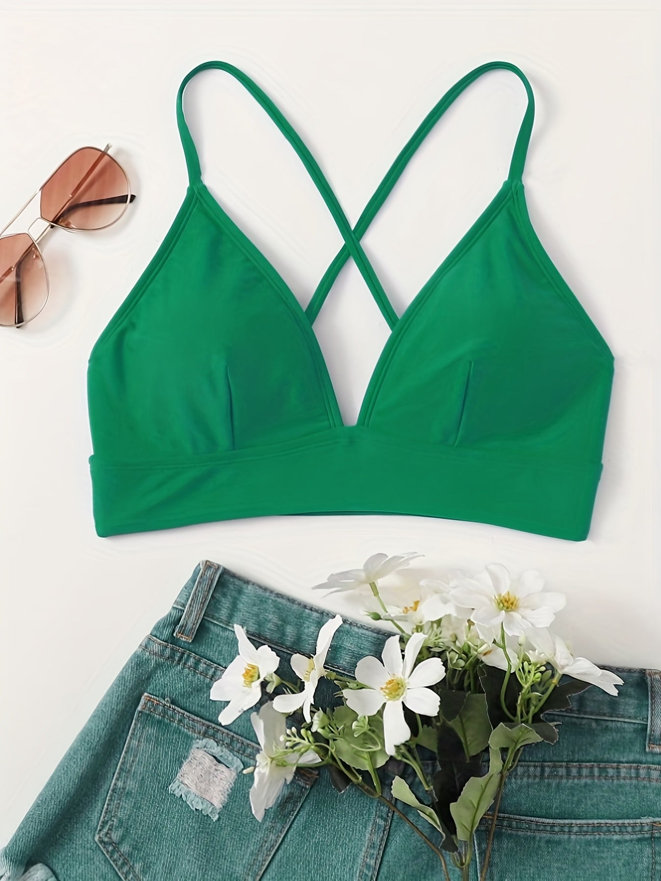 High Strech V Neck Lingerie Bra Solid Swimsuit Top