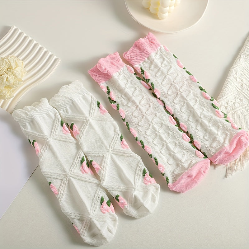 5 Pairs Floral Print Ruffle Socks Women's Mid Tube Stockings